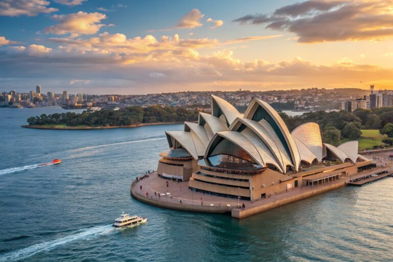 Sydney Opera House at Sunset with Boats on Sydney Harbour